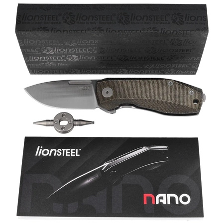 LionSteel Nano Green Canvas Micarta Folding Knife, Satin CPM MagnaCut (NA01 CVG)