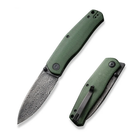 Civivi Sokoke Green Canvas Micarta Folding Knife, Black Hand Rubbed Damascus by Ray Laconico (C22007-DS2)