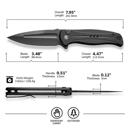 Civivi Incindie Black G10 Folding Knife, Black Stonewashed (C23053-1)