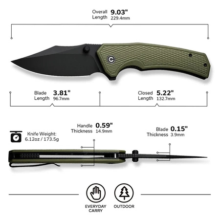 Civivi Vexillum OD Green G10, Black Stonewashed Nitro-V Folding Knife (C23003D-2)