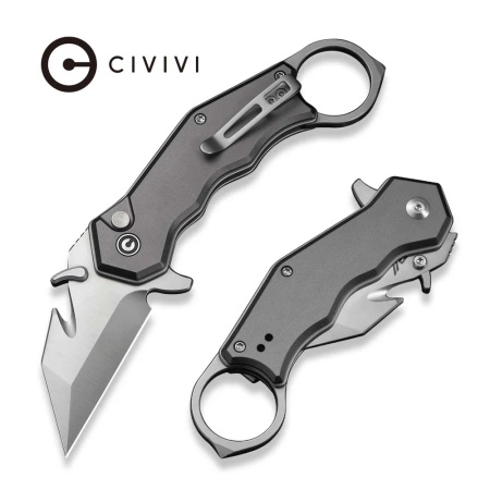 Civivi Amaroq Gray Aluminum, Satin Nitro-V Folding Karambit Knife by Tony Sentmanat (C24018-1)