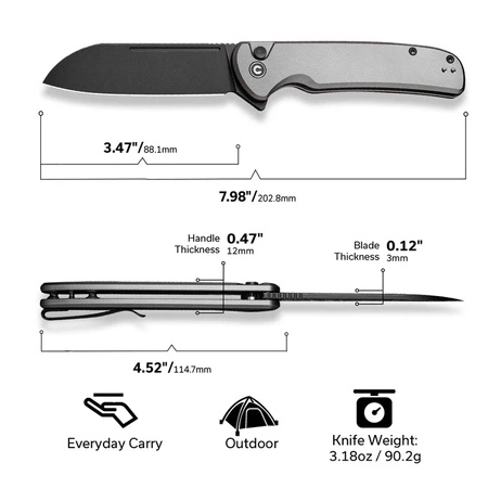 Civivi Chevalier II Gray Aluminum, Black Stonewashed 14C28N Folding Knife (C20022B-3)