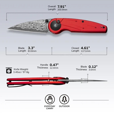 Civivi Starflare Red Aluminum Folding Knife, Damascus (C23052-DS1)