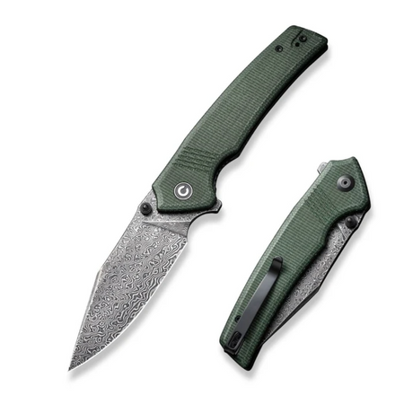Civivi Tranquil Green Canvas Micarta Folding Knife, Black Hand Rubbed Damascus (C23027-DS1)
