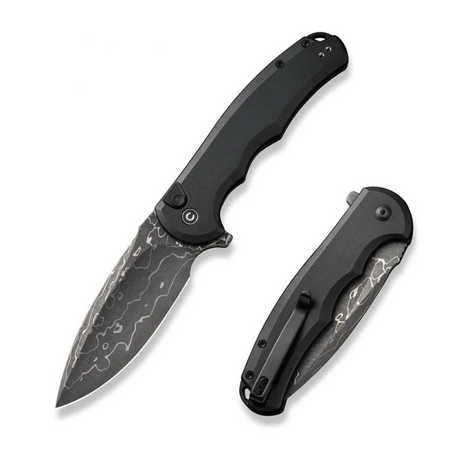 Civivi Button Lock Praxis Black Aluminum Folding Knife, Damascus (C18026E-DS1)