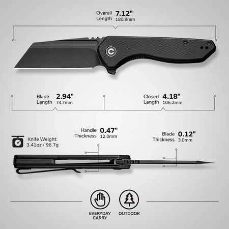 Civivi ExOne Black G10, Black Stonewashed Nitro-V Folding Knife by Brian Brown (C23036-1)