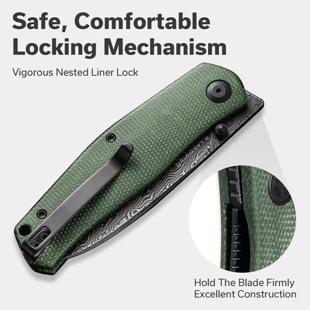 Civivi Sokoke Green Canvas Micarta Folding Knife, Black Hand Rubbed Damascus by Ray Laconico (C22007-DS2)