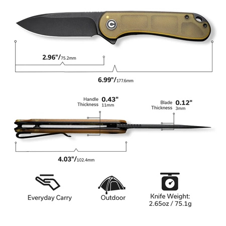 Civivi Elementum Bead Blasted Ultem Folding Knife, Black Stonewashed D2 (C907A-5)