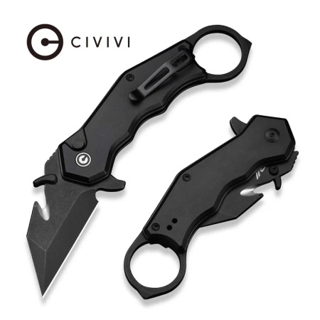 Civivi Amaroq Black Aluminum, Black Stonewashed Nitro-V Folding Karambit Knife by Tony Sentmanat (C24018-2)