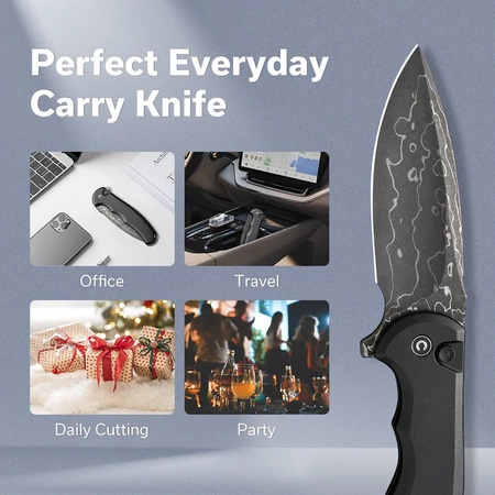 Civivi Button Lock Praxis Black Aluminum Folding Knife, Damascus (C18026E-DS1)