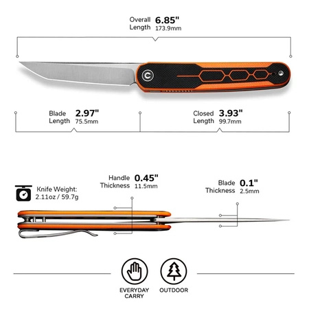 Civivi KwaiQ Orange/Black G10 Folding Knife, Satin Nitro-V by Rafal Brzeski (C23015-2)