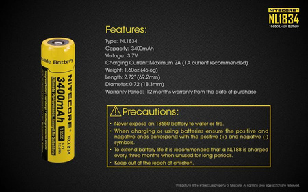 Nitecore 18650 NL1834 3400mAh battery